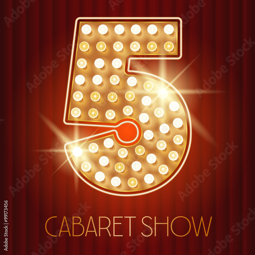 Vector shiny gold lamp alphabet in cabaret show style. Number 5