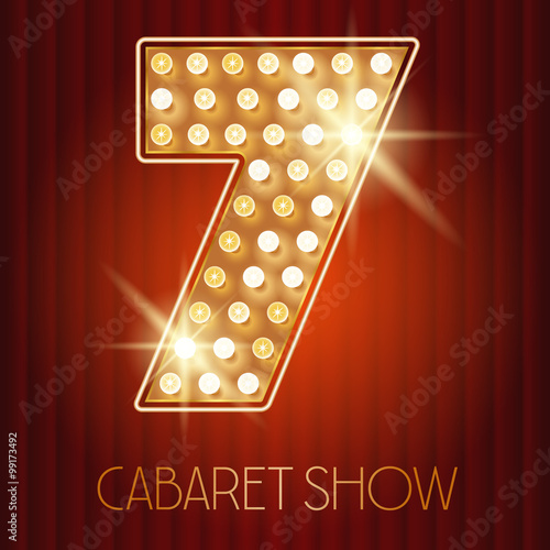 Vector shiny gold lamp alphabet in cabaret show style. Number 7