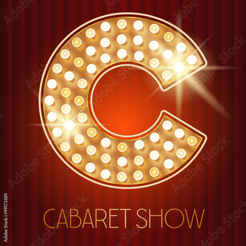 Vector shiny gold lamp alphabet in cabaret show style. Letter C