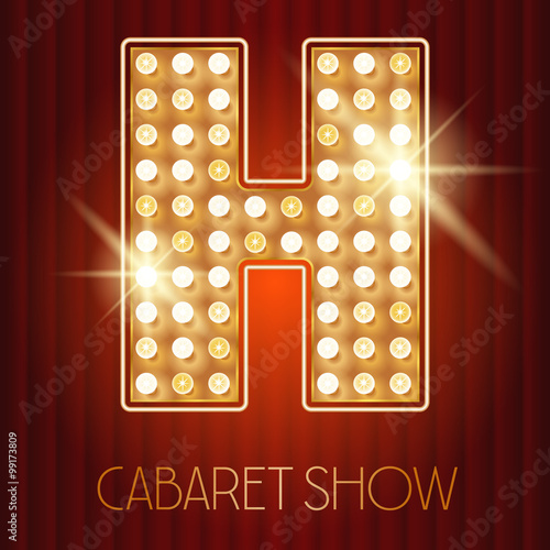 Vector shiny gold lamp alphabet in cabaret show style. Letter H
