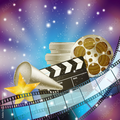 cinema blue background with retro filmstrip, clapper and stars