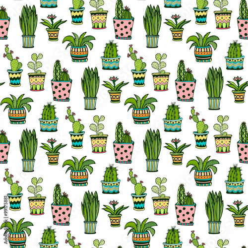 Succulent and cactus seamless pattern. Colorful doodle flowers in pots. Vector background