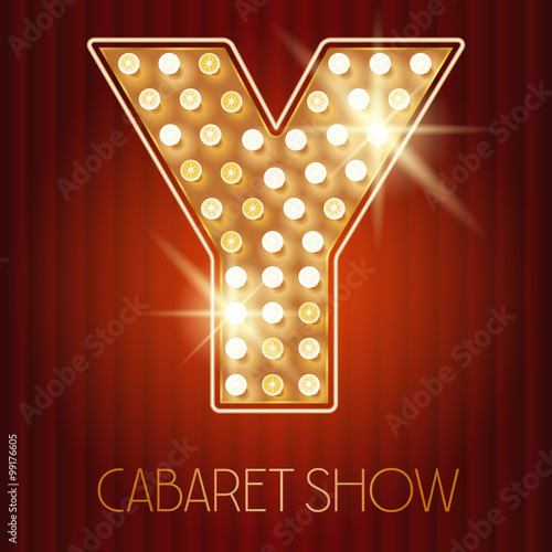 Vector shiny gold lamp alphabet in cabaret show style. Letter Y