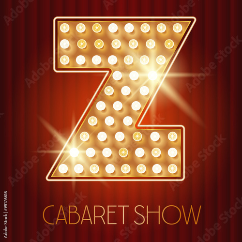 Vector shiny gold lamp alphabet in cabaret show style. Letter Z