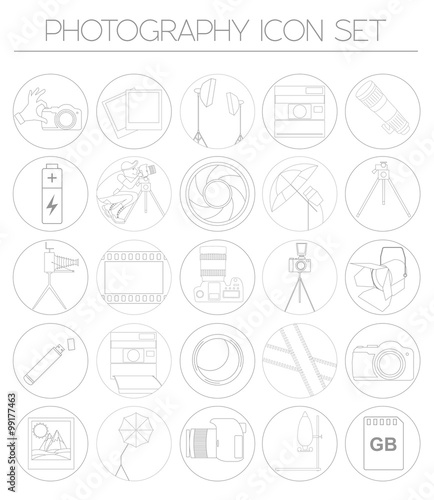 Photography icon set with photo, camera equipment. Outline versi