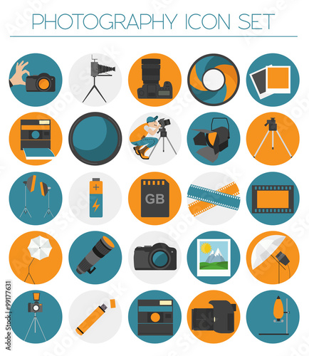 Photography icon set with photo, camera equipment. Colour flat v