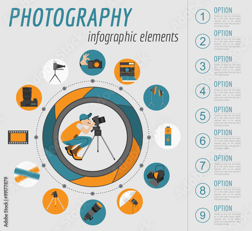 Photography infographics set with photo, camera equipment
