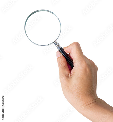 Man's hand holding magnifying glass isolated on white background, copy space for image or text, with clipping path