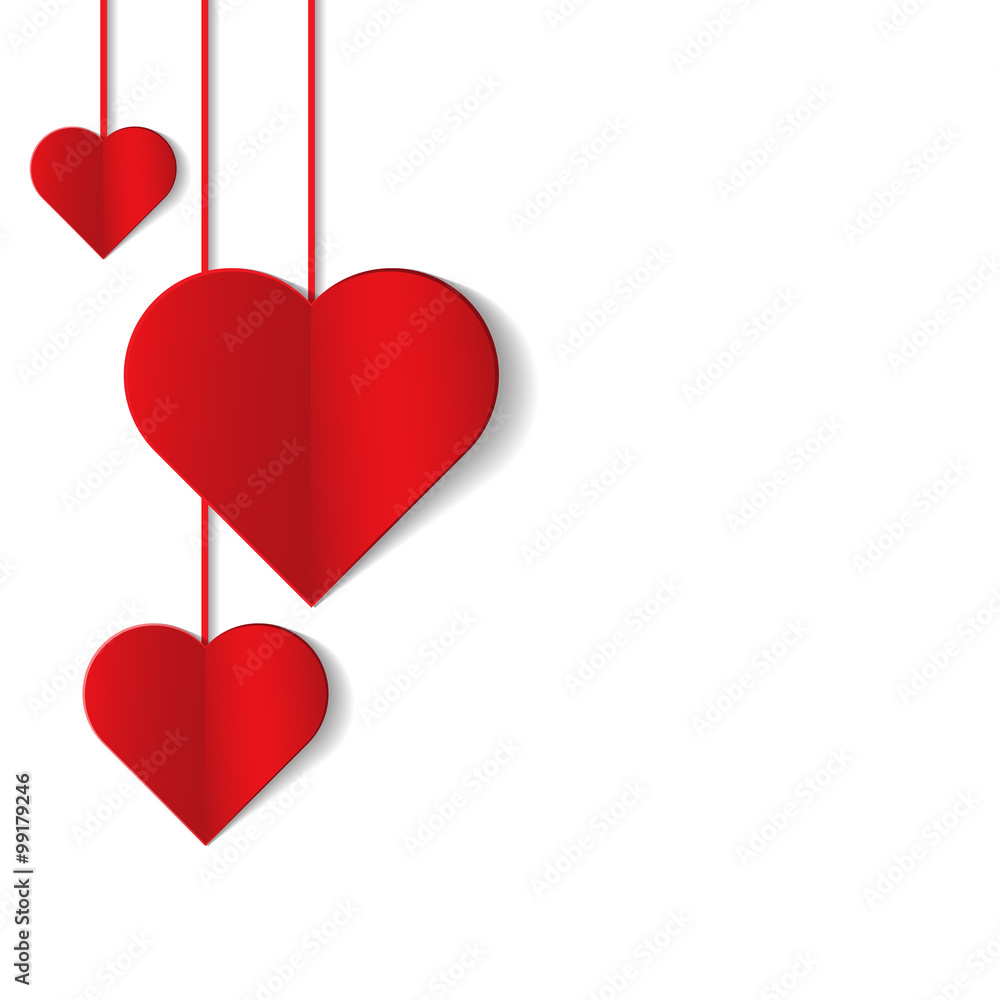 Romantic background with hanging red hearts. Vector illustration.