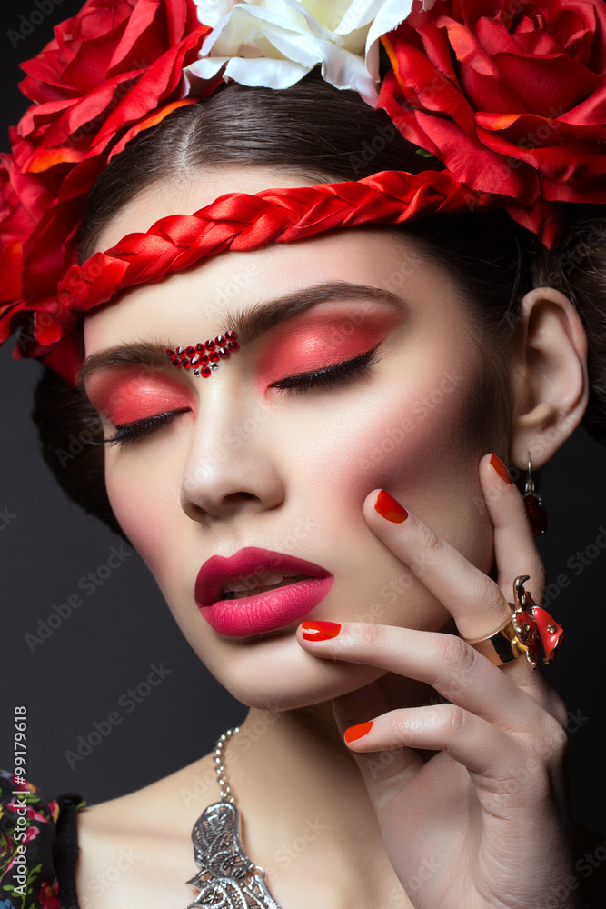 Beautiful girl with red lips and flowers Beautiful girl with red lips and flowers