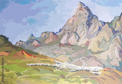 A shepherd and a flock of sheep in highland