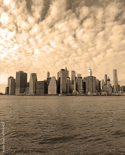 Vertical Panorama of Manhattan skyline, New York City, sepia toning