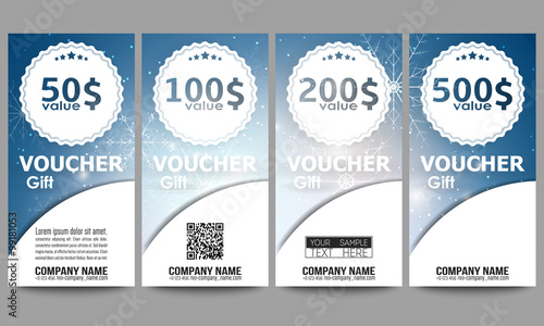 Set of modern gift voucher templates. Blue abstract winter background. Christmas vector style with snowflakes
