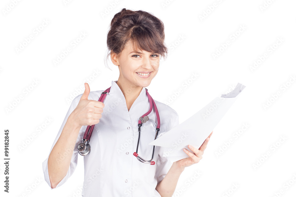 smiling young woman doctor with OK gesture isolated on white background smiling young woman doctor with OK gesture isolated on white background