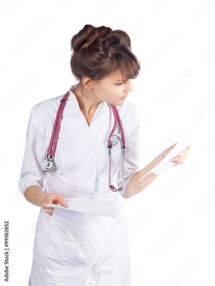 woman doctor frown and look at medical documents isolated on white woman doctor frown and look at medical documents isolated on white