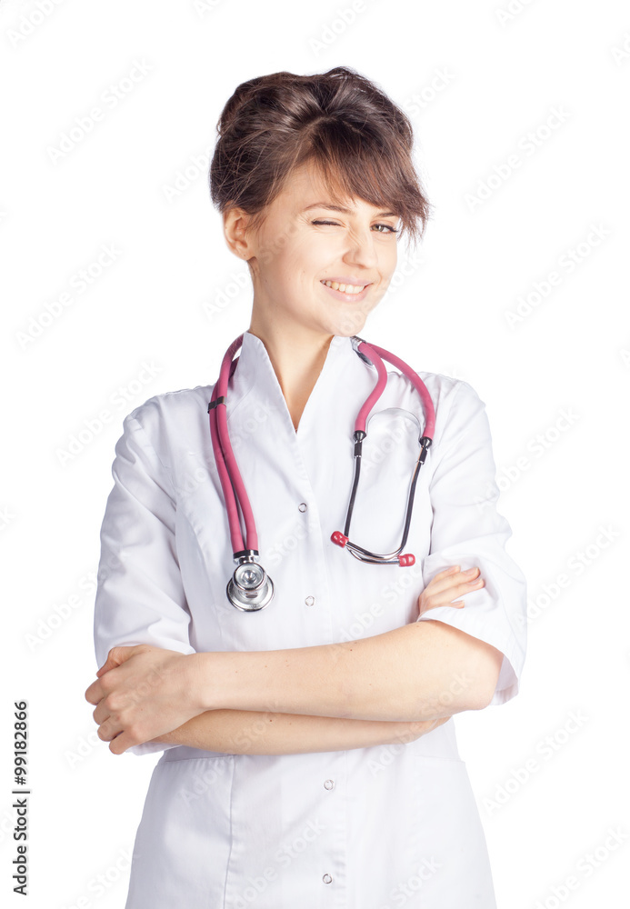 young woman doctor smile and wink on white background young woman doctor smile and wink on white background