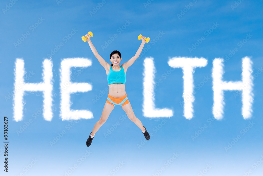 Fitness Woman with Clouds Shaped of Health