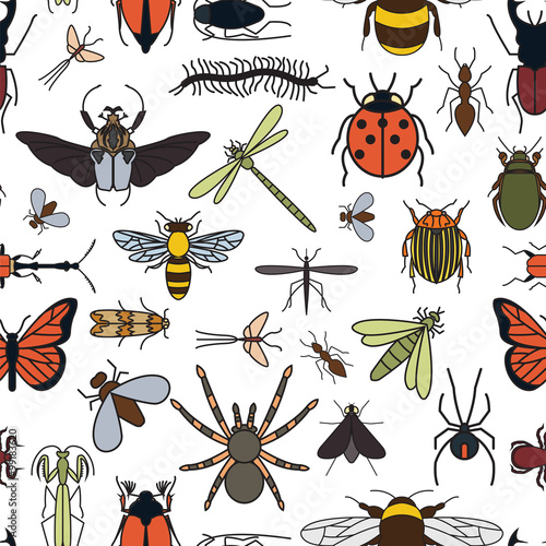 Insects seamless pattern. 24 pieces in set.