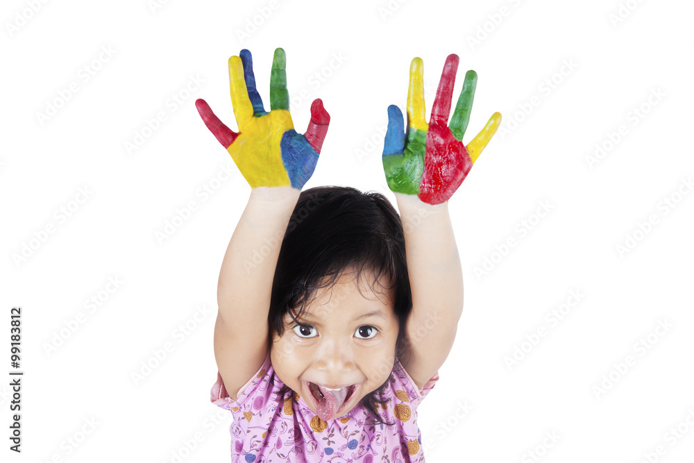 Girl Showing Hands Painted in Colorful Girl Showing Hands Painted in Colorful
