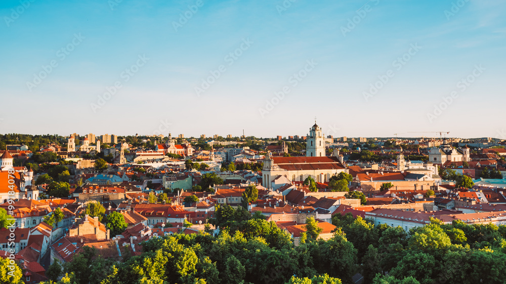Sunset Sunrise Cityscape Of Vilnius, Lithuania In Summer. Beauti