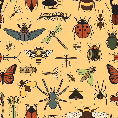 Insects seamless pattern. 24 pieces in set.