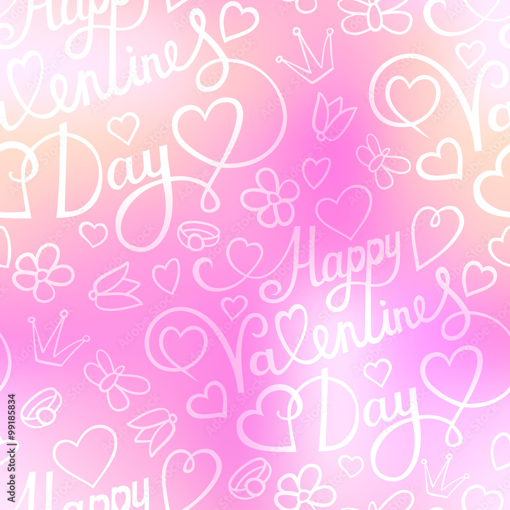 Seamless pattern with hearts, flowers, butterfly and lettering on blurred background Seamless pattern with hearts, flowers, butterfly and lettering on blurred background