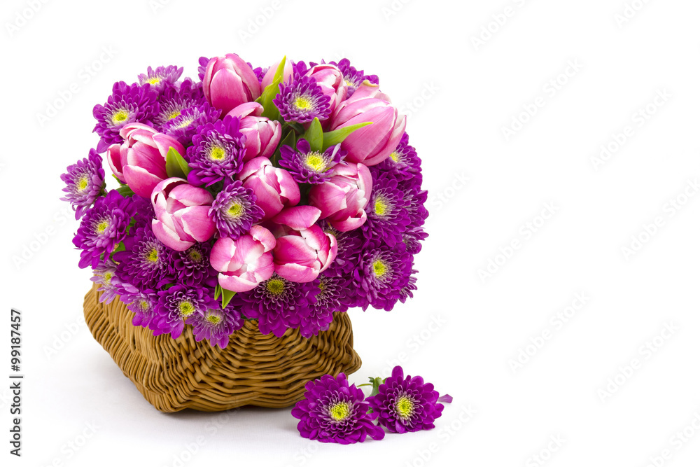 Bouquet made of tulips and chrysanthemum flowers on white backgr Bouquet made of tulips and chrysanthemum flowers on white backgr