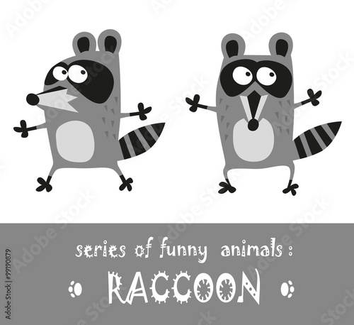 Funny raccoon hand drawn in cartoon style isolated on white background. Vector illustration