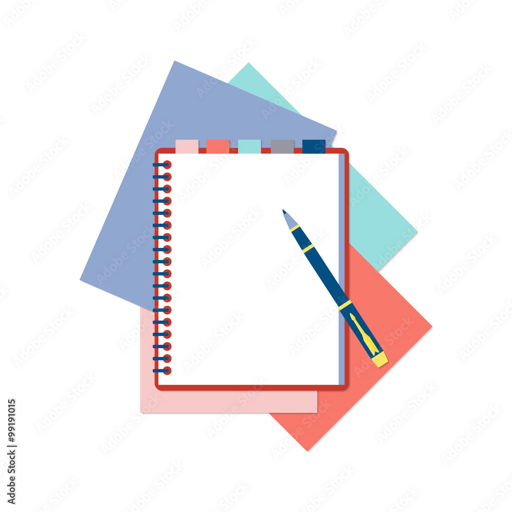 Flat design notepad, pen and color sheets of paper Flat design notepad, pen and color sheets of paper