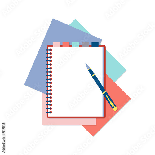 Flat design notepad, pen and color sheets of paper
