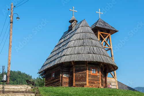 Wooden Saint Sava Church in traditional Drvengrad village, Serbia photo