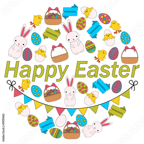 Poster Easter. Rabbit  chick and eggs. Flat line design. Vector illustration