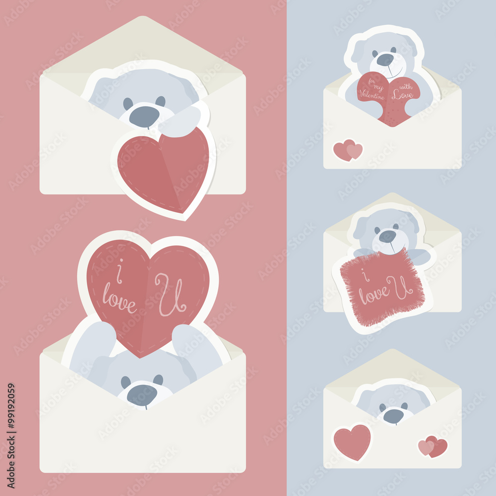Vector vintage envelope with red and blue paper teddy bear inside. Valentine's Day
