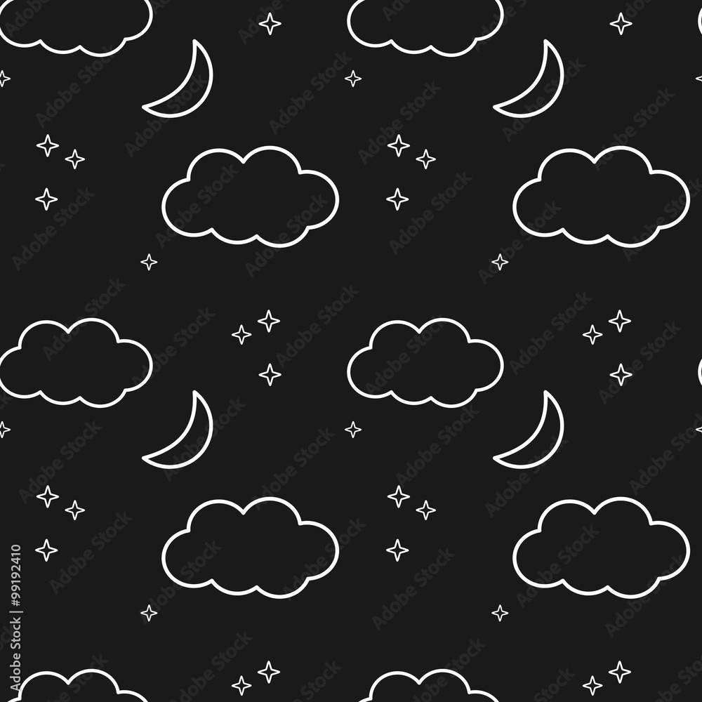 black and white night sky with stars clouds and moon seamless vector