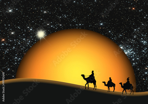 Reyes Magos, desierto, estrellas, sol, fondo