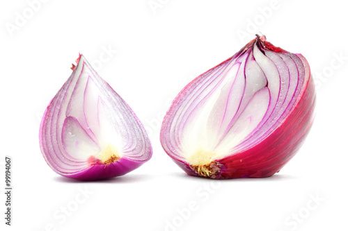 Red onion bulb half and quater cut vertical longitudinal section