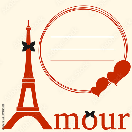 cute lovely and romantic vector card frame with eiffel tower and heart
