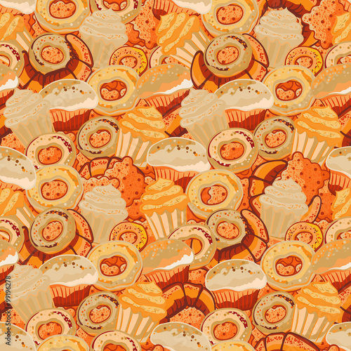 Pastry hand drawn seamless pattern. Doodle background collection confections. Icon set vector with donuts, cupcake, dessert, croissant, bagel