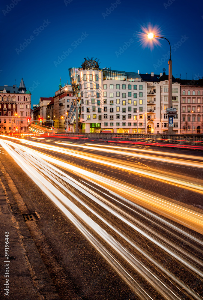 Car lights near Dancing House, Prague, Czech republic