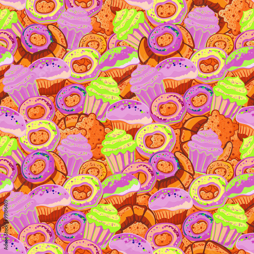 Pastry hand drawn seamless pattern. Doodle background collection confections. Icon set vector with donuts, cupcake, dessert, croissant, bagel