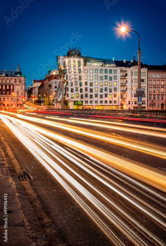 Car lights near Dancing House, Prague, Czech republic