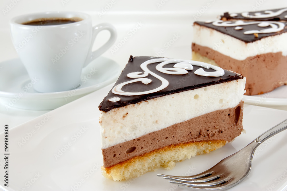 piece of cake on a plate with chocolate piece of cake on a plate with chocolate
