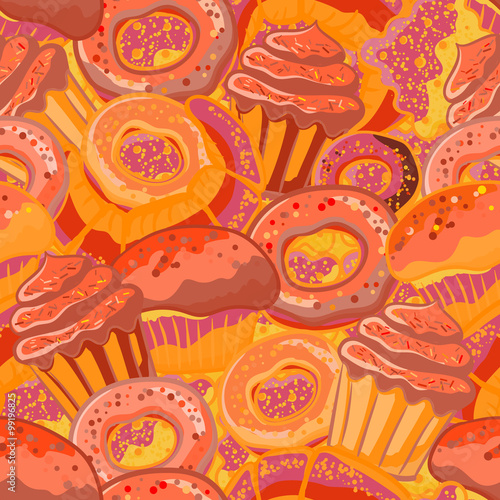 Vector seamless pattern with hand drawn pastries illustration isolated on white. Vintage bakery background.