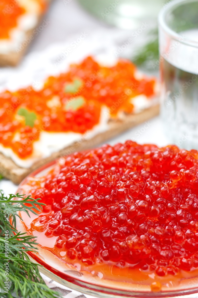 Red caviar and cold vodka Red caviar and cold vodka