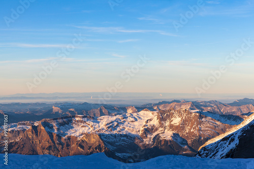 Panorama view of the Bernese Alps from Jungfraujoch at dusk