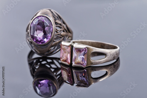 silver rings old style with purple gems