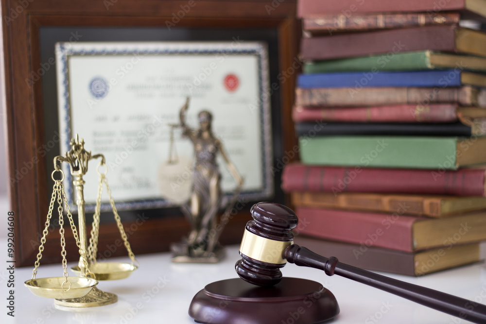 Law concept, statue, gavel, scale, books and diploma Law concept, statue, gavel, scale, books and diploma