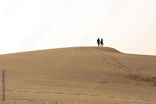 Silhouette of a couple on a dune in the desert