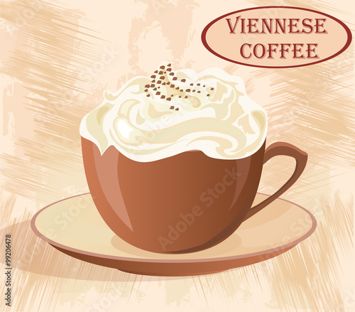 Cup of coffee with whipped cream on grunge background.