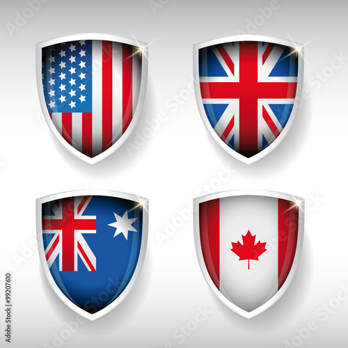 USA, UK, Australia, Canada flag shield